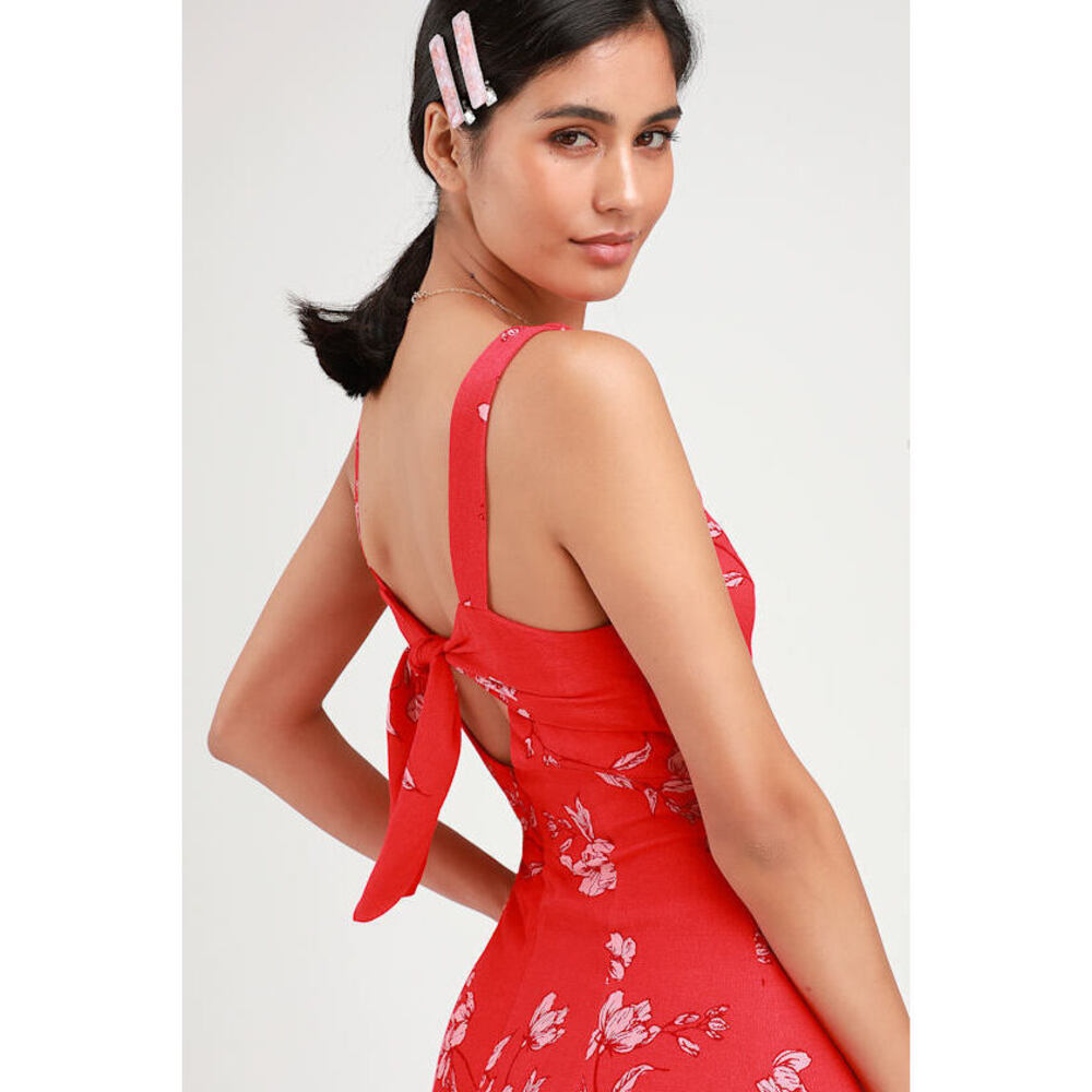 Lulus Hanna Red Floral Print Tie-back Midi Dress - Size S